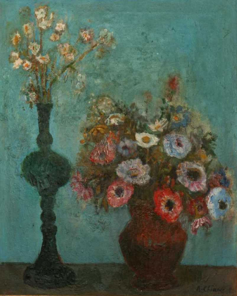 Fiori su fondo celeste, anni 40, olio su tela, Napoli, collezione privata